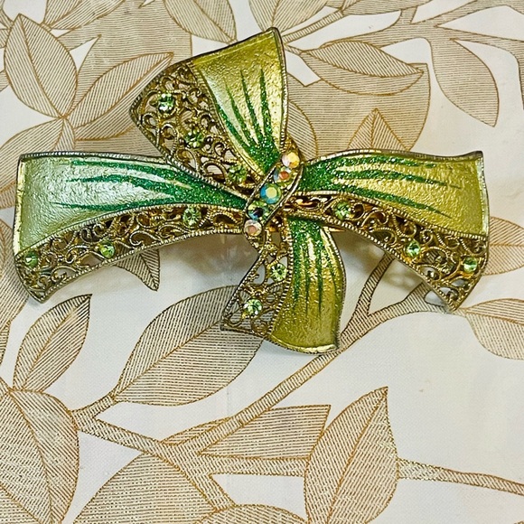 VTG  Hair Clip Hairpin Barrette GOLD ENAMEL RHINESTONE - Picture 1 of 6